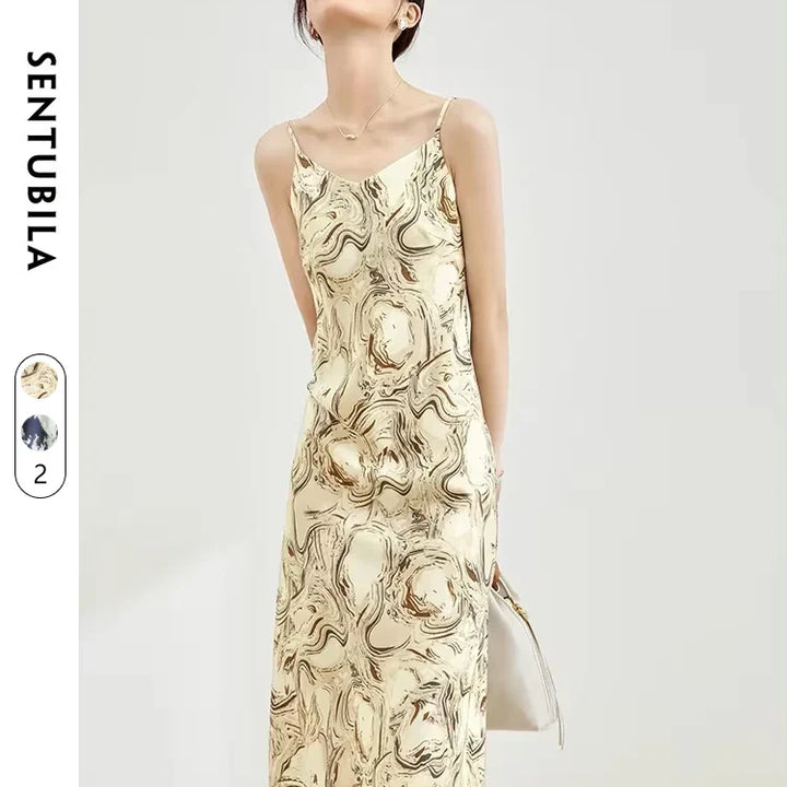 Elegant Print Midi Dress – Slim Fit Sundress for Casual Autumn Looks