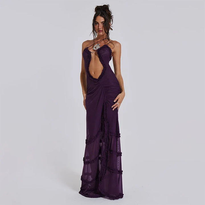 Luxury Furry Halter Dress – Split Evening Gown for Special Occasions