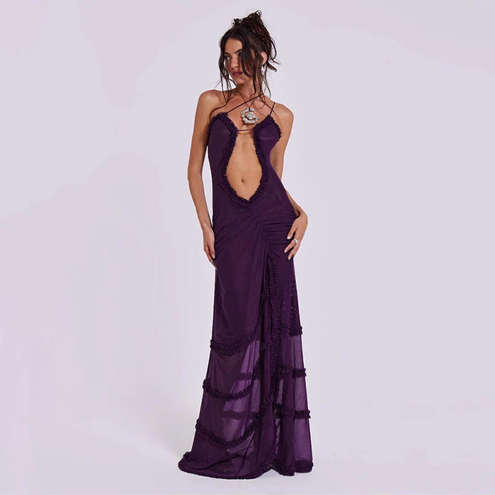 Luxury Furry Halter Dress – Split Evening Gown for Special Occasions