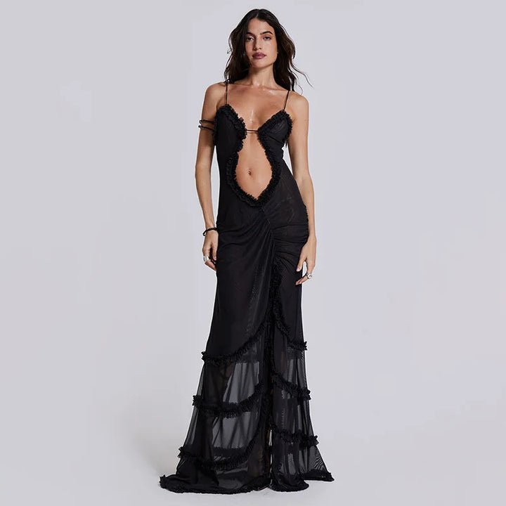 Luxury Furry Halter Dress – Split Evening Gown for Special Occasions