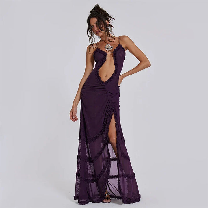 Luxury Furry Halter Dress – Split Evening Gown for Special Occasions