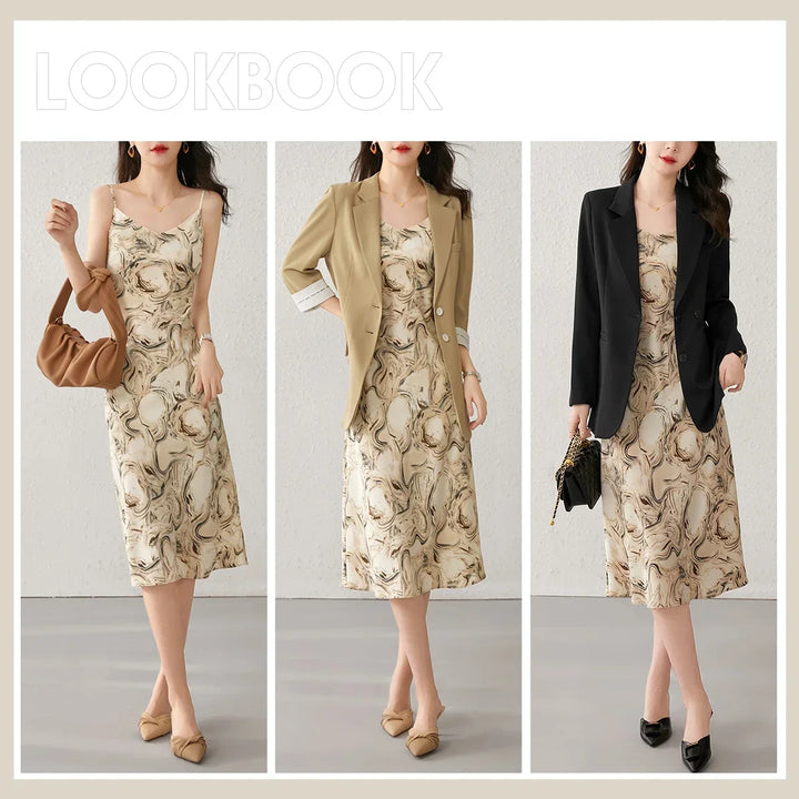 Elegant Print Midi Dress – Slim Fit Sundress for Casual Autumn Looks