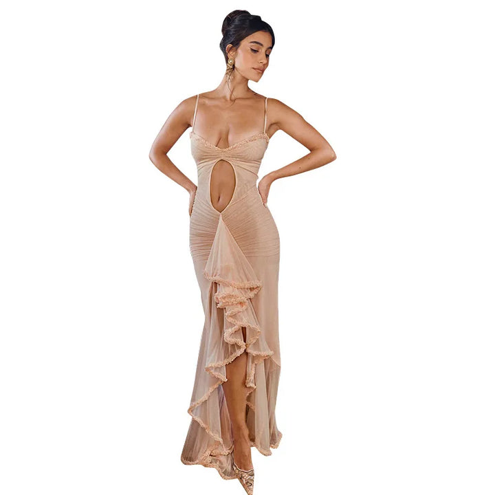 Luxury Furry Halter Dress – Split Evening Gown for Special Occasions